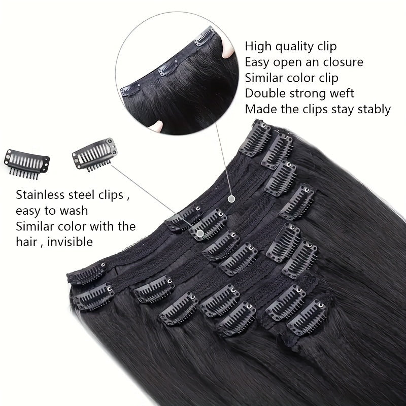 8 Pieces Straight Real Human Hair Clip In Hair Extensions | Remy Brazilian Black Human Hair | Double Wefted Clip In Hair Extension
