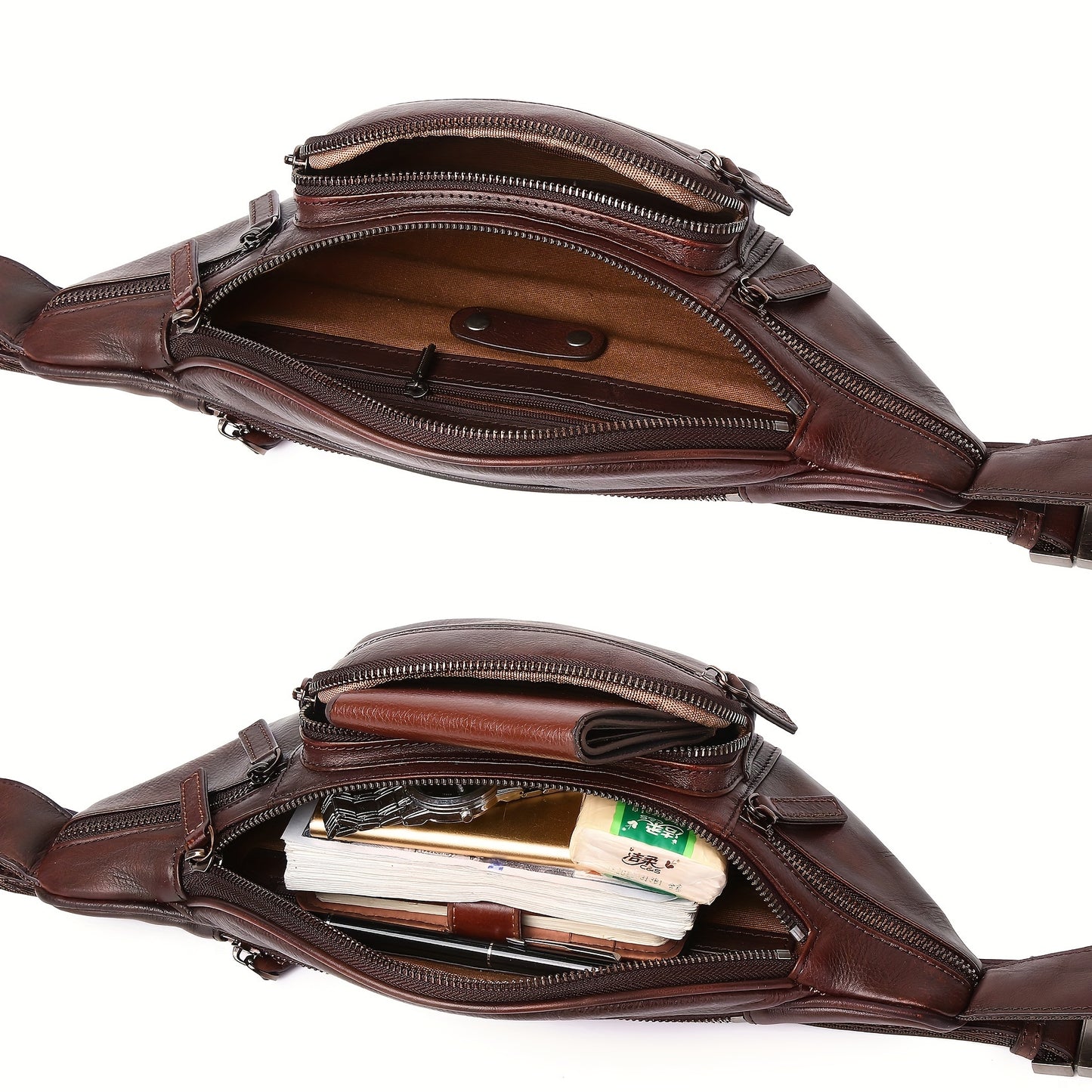 Premium Genuine Leather Fanny Pack for Men & Women - Adjustable Sling Bag with Multiple Zipper Pockets, Brown Leather Crossbody Chest Bag