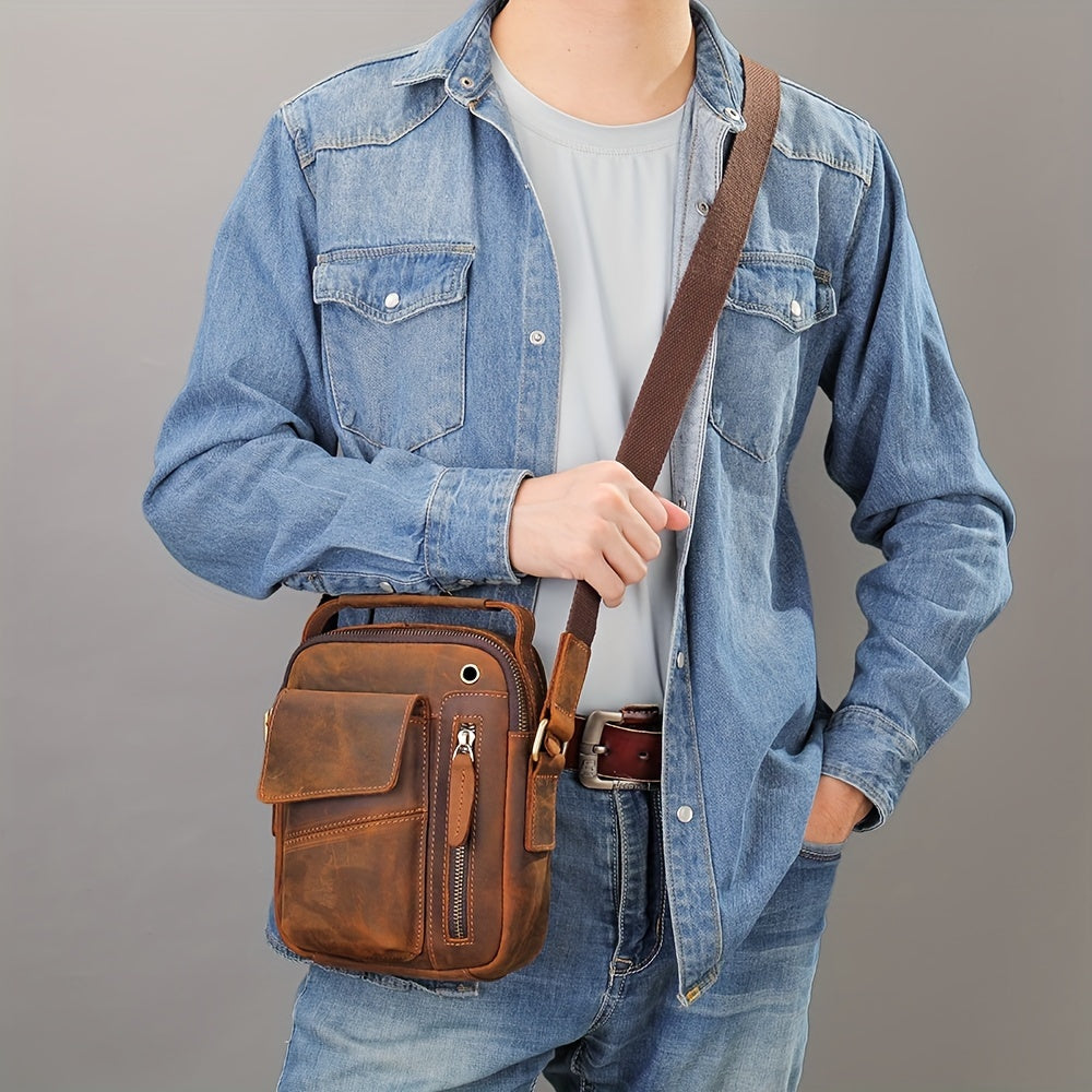 Crazy Horse Leather Shoulder Bag For Men, Fashionable Sling Bag For 7.9-in Tablet, Retro Crossbody Bag For Hanging Out & Daily Commute