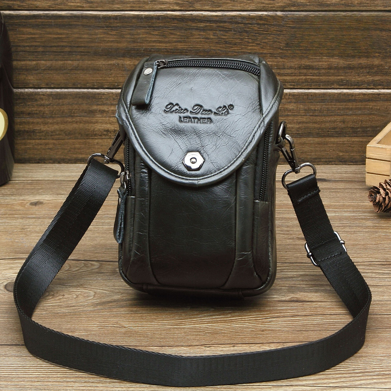 Vintage Men's Genuine Leather Autumn Small Crossbody Bag Hanging Bag Cell Phone Waist Bag Multi-function Shoulder Bag