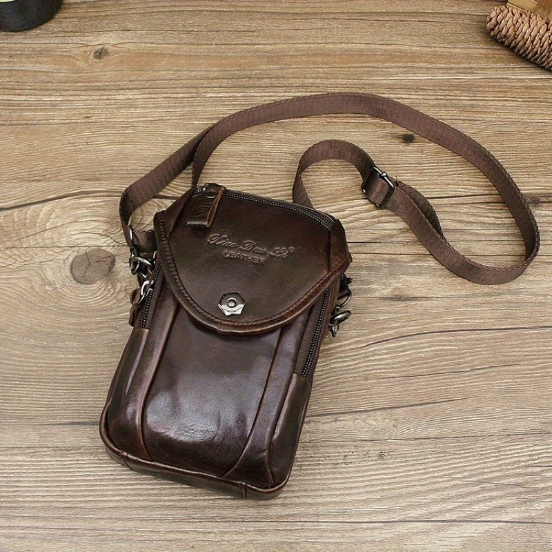 Vintage Men's Genuine Leather Autumn Small Crossbody Bag Hanging Bag Cell Phone Waist Bag Multi-function Shoulder Bag