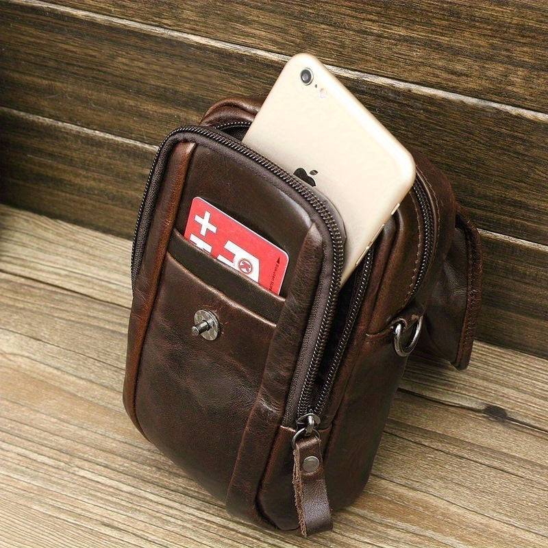 Vintage Men's Genuine Leather Autumn Small Crossbody Bag Hanging Bag Cell Phone Waist Bag Multi-function Shoulder Bag