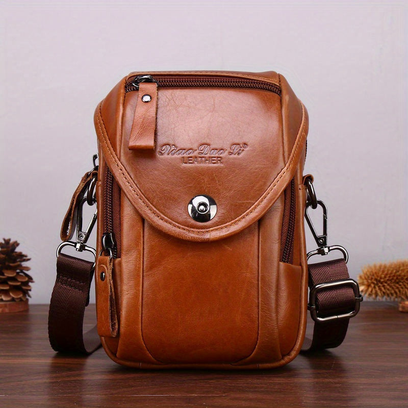 Vintage Men's Genuine Leather Autumn Small Crossbody Bag Hanging Bag Cell Phone Waist Bag Multi-function Shoulder Bag