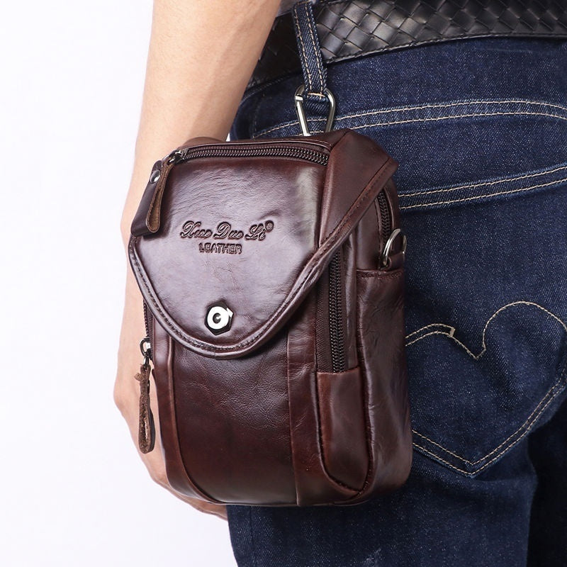 Vintage Men's Genuine Leather Autumn Small Crossbody Bag Hanging Bag Cell Phone Waist Bag Multi-function Shoulder Bag