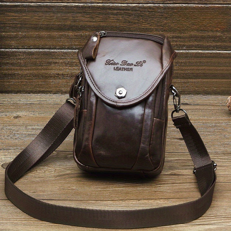 Vintage Men's Genuine Leather Autumn Small Crossbody Bag Hanging Bag Cell Phone Waist Bag Multi-function Shoulder Bag
