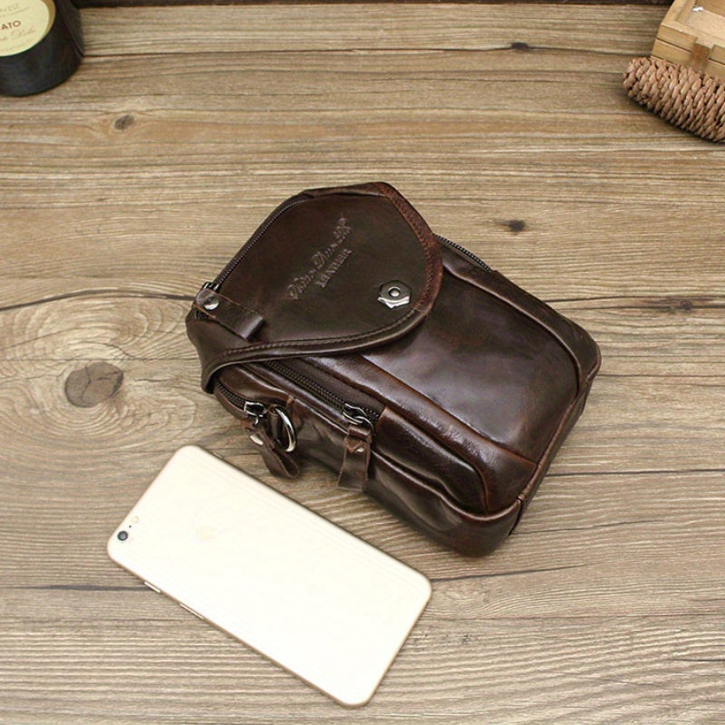 Vintage Men's Genuine Leather Autumn Small Crossbody Bag Hanging Bag Cell Phone Waist Bag Multi-function Shoulder Bag