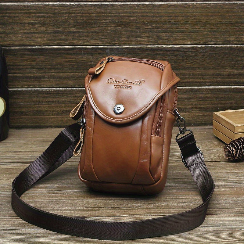 Vintage Men's Genuine Leather Autumn Small Crossbody Bag Hanging Bag Cell Phone Waist Bag Multi-function Shoulder Bag