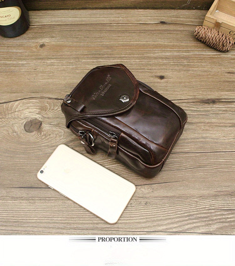 Vintage Men's Genuine Leather Autumn Small Crossbody Bag Hanging Bag Cell Phone Waist Bag Multi-function Shoulder Bag