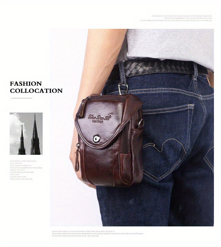 Vintage Men's Genuine Leather Autumn Small Crossbody Bag Hanging Bag Cell Phone Waist Bag Multi-function Shoulder Bag