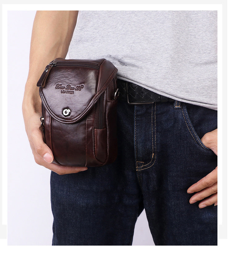 Vintage Men's Genuine Leather Autumn Small Crossbody Bag Hanging Bag Cell Phone Waist Bag Multi-function Shoulder Bag
