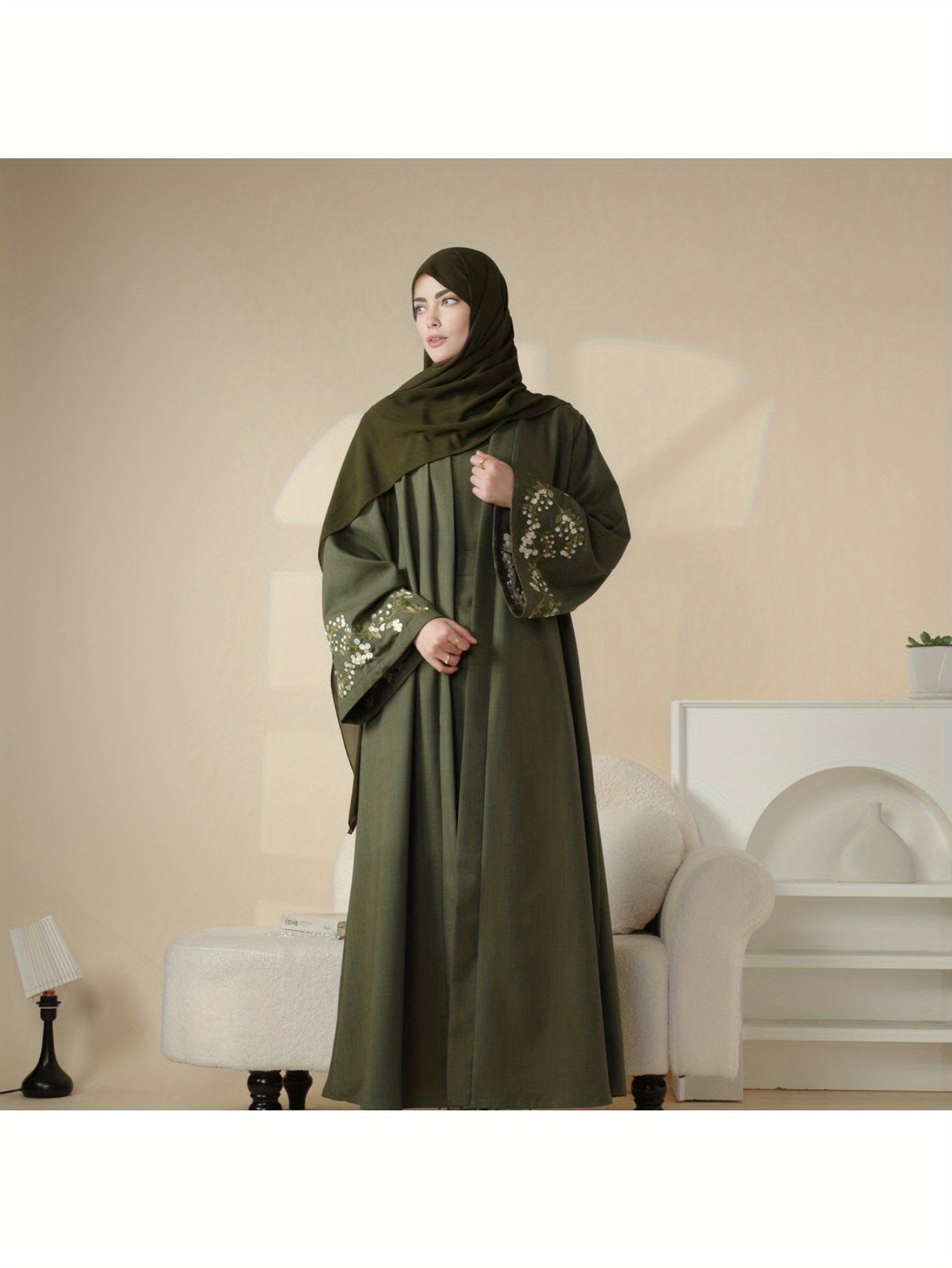 Elegant Floral Polyester 3pcs Set Abaya Gown, Open with Pocket Lining, 150G/M² Fabric Weight, Middle East Collection, for Women