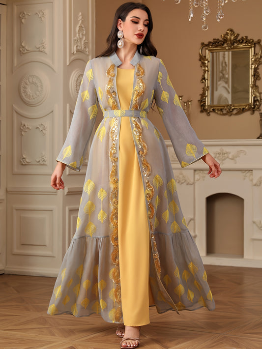 Stylish Round Neck Solid Color Long Abaya Gown Dress + Embroidered Sequin Beaded Long Sleeve Waist-Cinched Two-Piece Set