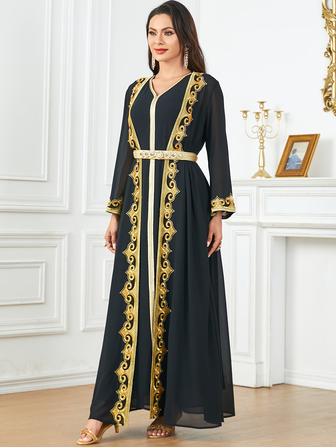 New Middle Eastern Emirati Abaya Dress + Cardigan Lace Embroidery Long Sleeve Two-Piece Robe Dress