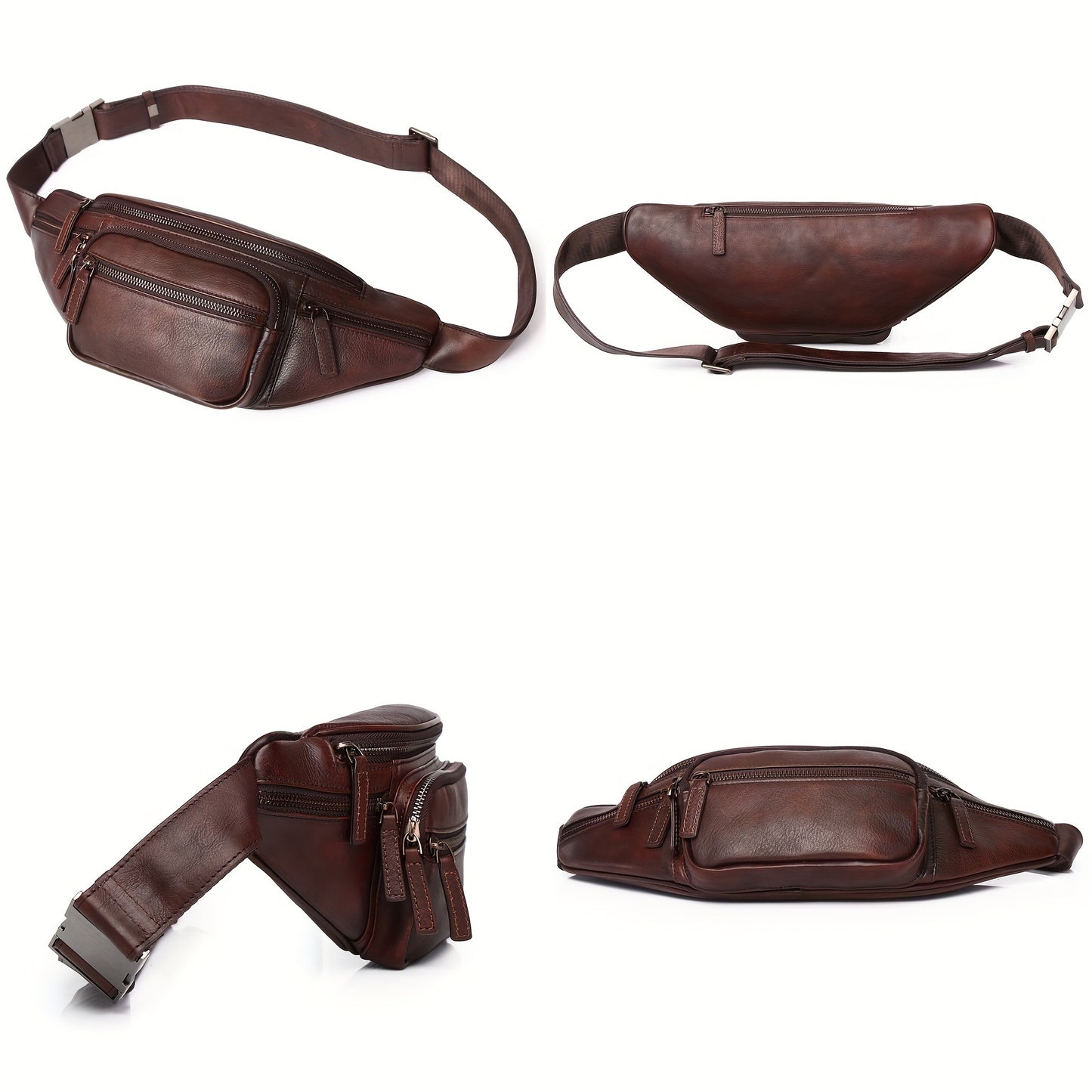 Premium Genuine Leather Fanny Pack for Men & Women - Adjustable Sling Bag with Multiple Zipper Pockets, Brown Leather Crossbody Chest Bag