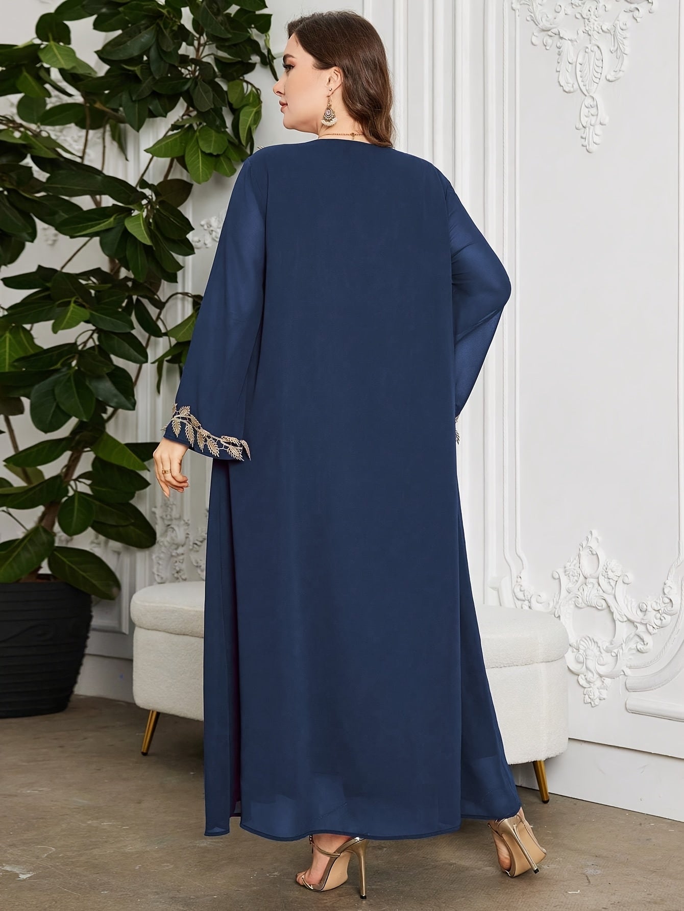 Plus size, Women's V-Neck Long Sleeve Golden Embroidered Ribbon Chiffon Loose Casual Comfortable Elegant Daily Party Plus Size Arabic Abaya Dress,