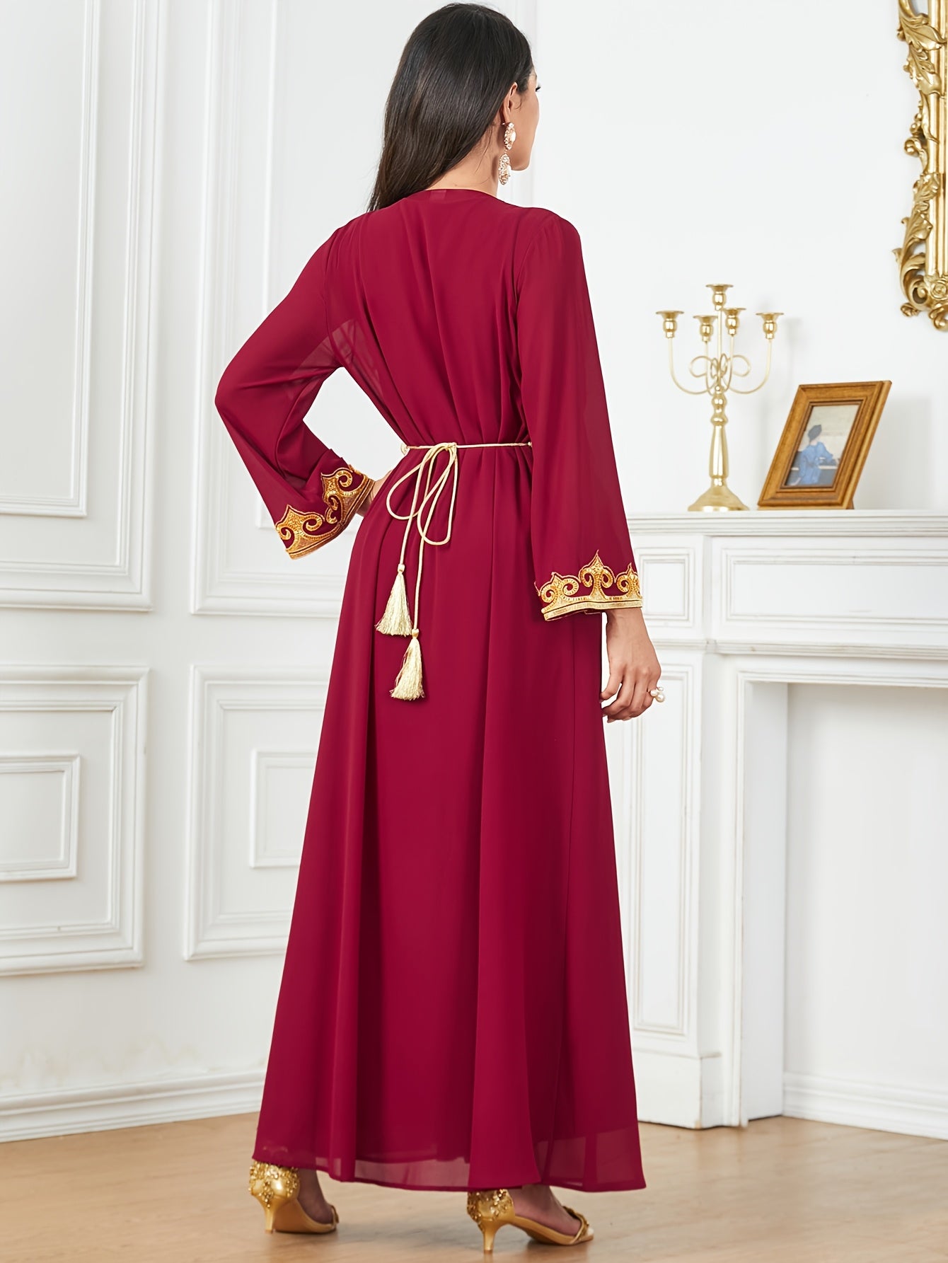 New Middle Eastern Emirati Abaya Dress + Cardigan Lace Embroidery Long Sleeve Two-Piece Robe Dress