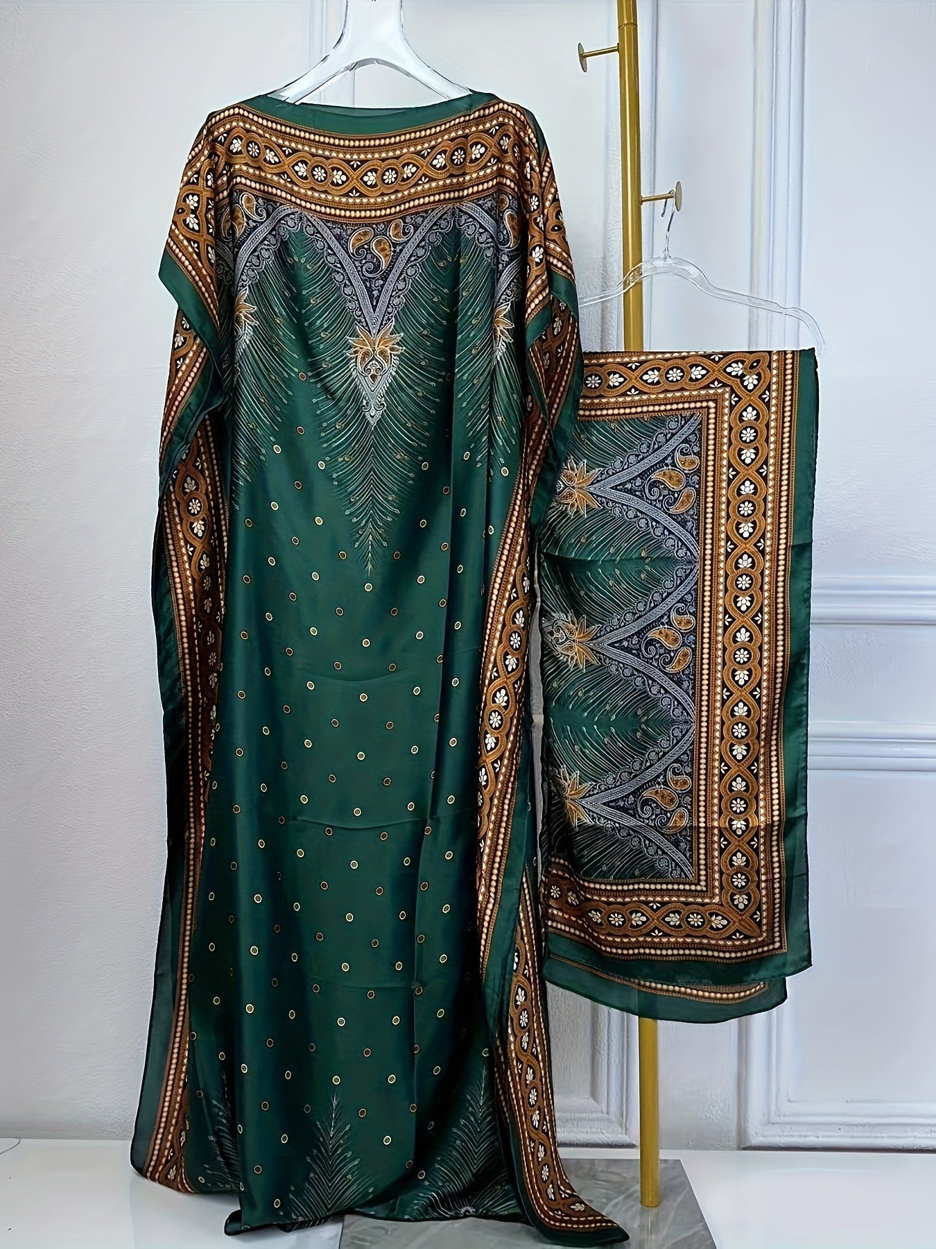 Women's Elegant Short Sleeve Loose Fit Long Dress - Traditional Middle Eastern Baju Abaya with All-Over Floral Print, Adjustable Waist Belt & Boat Neck Scarf - Breathable Machine-Washable