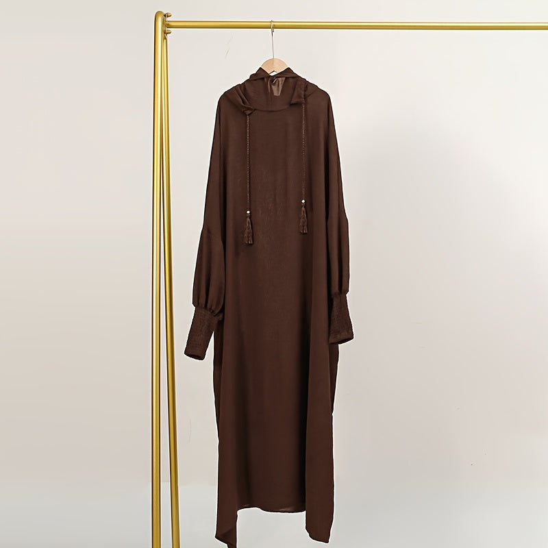 Elegant Solid Brown Crinkle Polyester Jibab Abaya with Hood - Breathable Loose Fit Women's Casual Hijab Dress for Outdoor Wear, Comfortable Wear | Flowing Garment | Smooth Texture