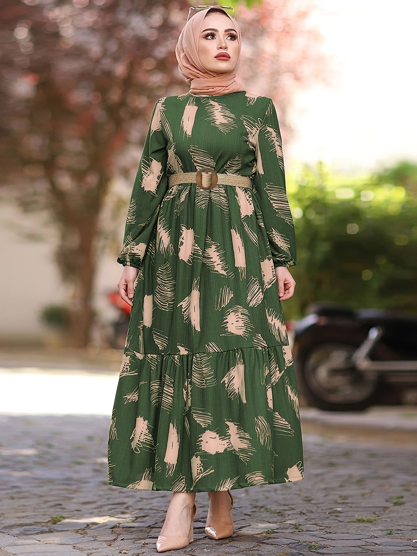 Ramadan Casual Long Sleeve Maxi Kaftan Abaya | Women's All Over Print Crew Neck Dress