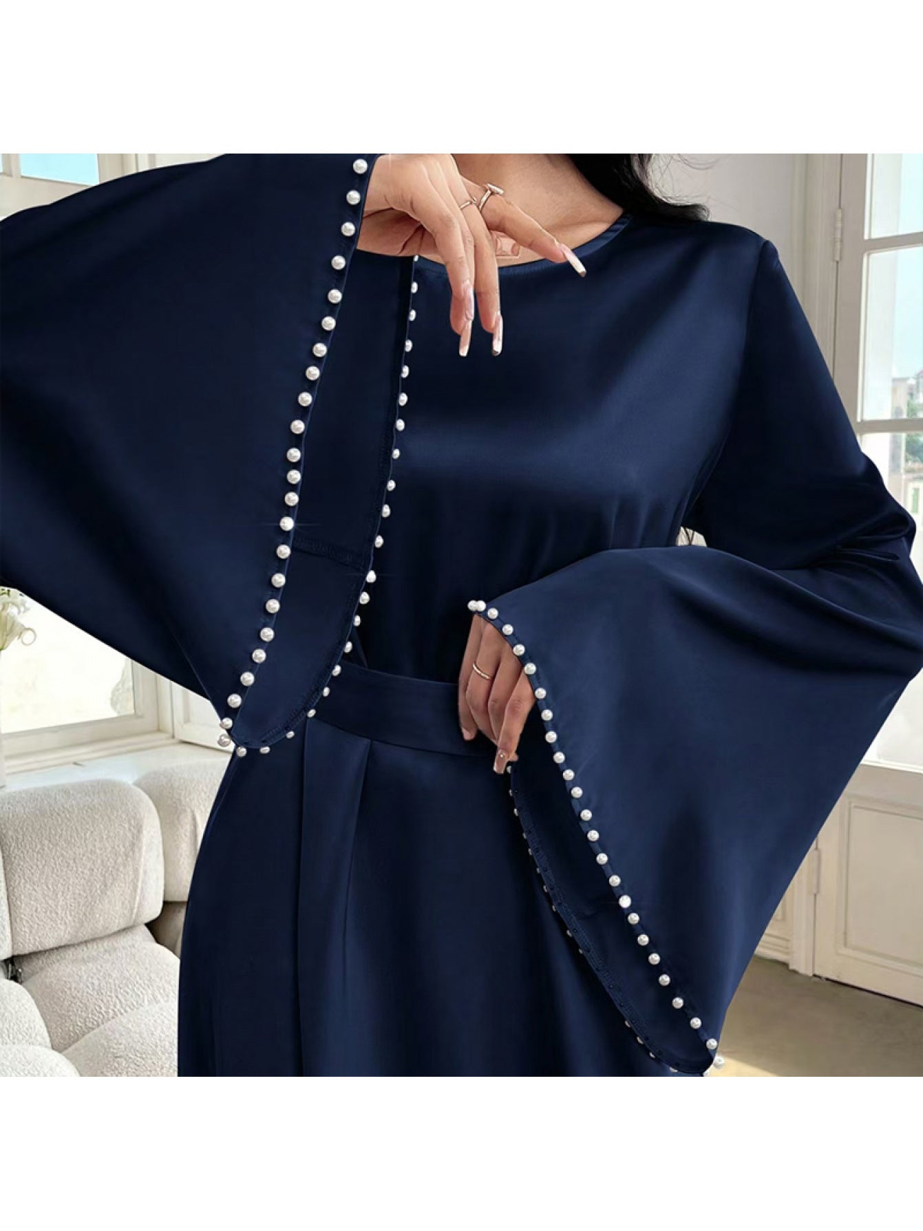 Elegant Round Neck Solid Color Flared Maxi Dress Long Sleeve with Pearl Cuff Detail, Modest A-Line Middle Eastern Turkish Abaya Party & Vacation Dress for Women