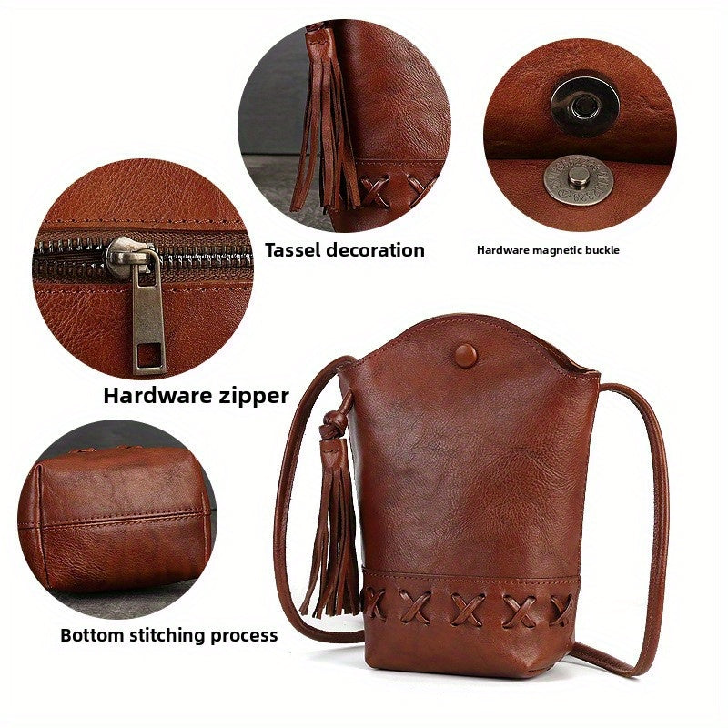 New Women's Bag with Design Sense, Retro Top-Grain Leather Cowhide Woven Phone Bag, Mini Crossbody Single-Shoulder Casual Fringed Bucket Bag
