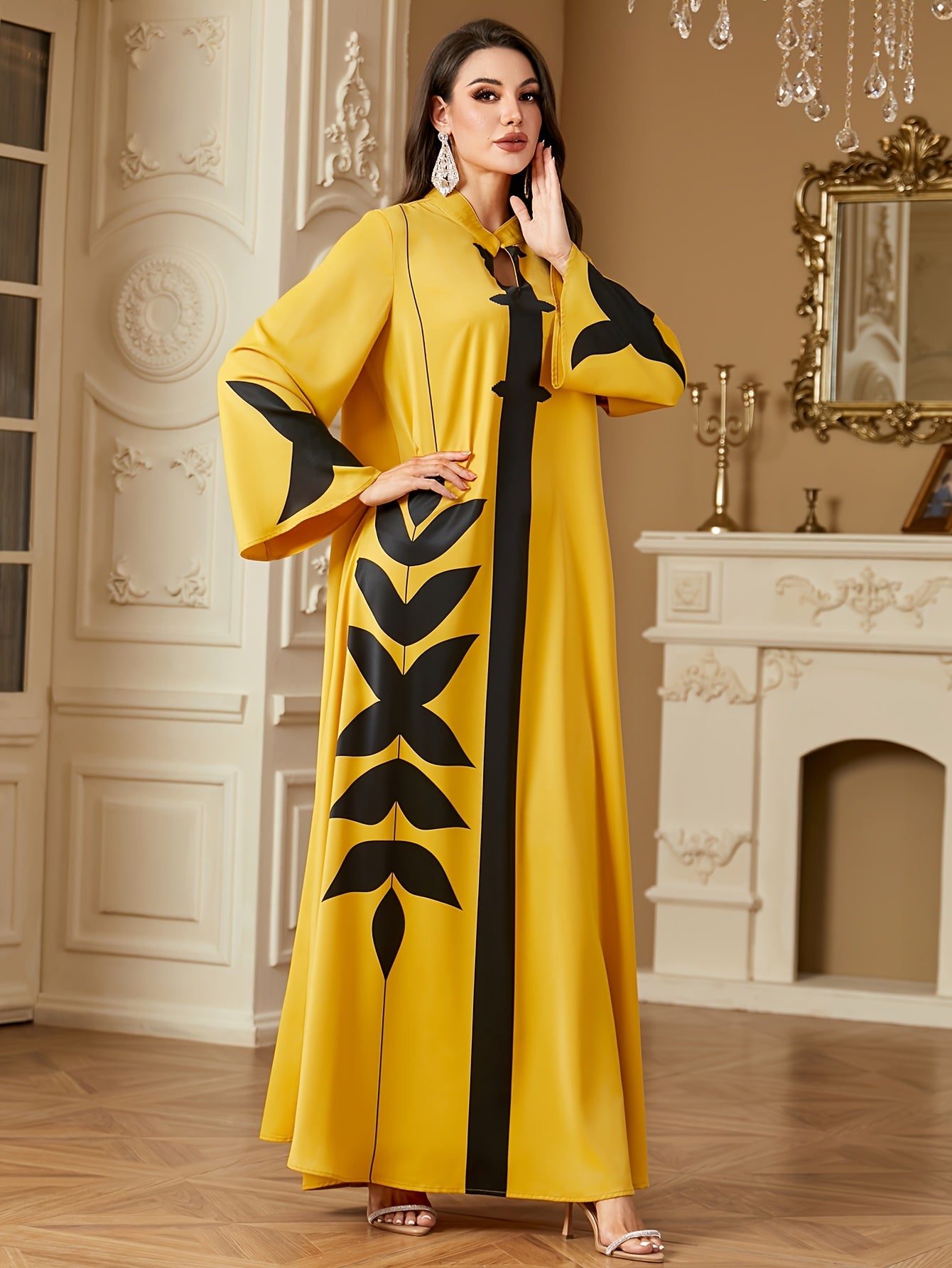 Stylish Elegant Tribal Print | Long Sleeve Baju Abaya | 100% Polyester, Non-Stretch Woven Fabric, Regular Sleeve, All Season, A-Fit, 120g/m², Versatile