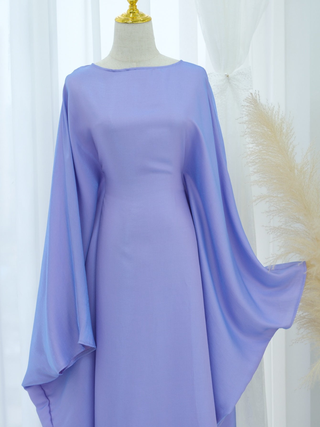 Plus Size, Women's Elegant Lavender Turkish Abaya Robe - Long Sleeve Floor-Length Party Dress with Princess Sleeves, Slim Fit All-Season Modest Gown for Dubai Events, Weddings