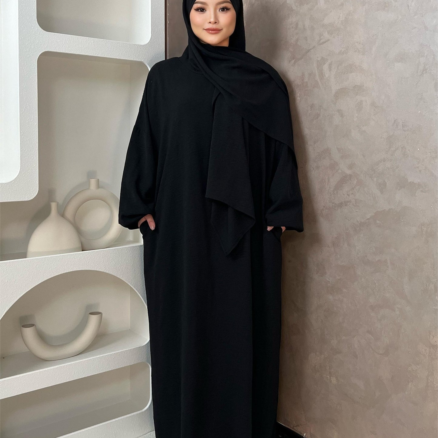 Elegant Crepe Hooded Jibab Abaya Hijab | Modest Long Sleeve Full Coverage Prayer Dress with Attached Scarf & Pockets, Machine Washable Medium Stretch Solid Color
