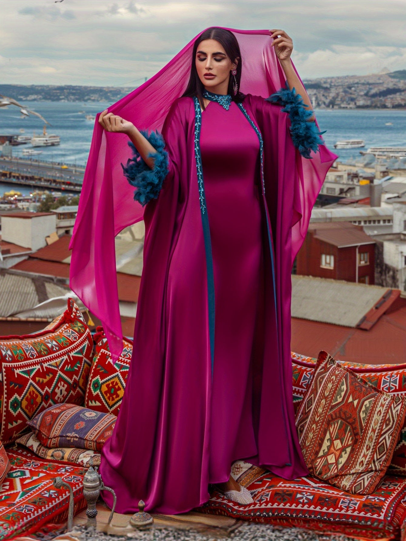 Elegant Purple Three-Piece Robe Set with Blue Sleeves and Sequined Collar, Featuring Modern Abaya Gown With Headscarf for an Air of Sophistication
