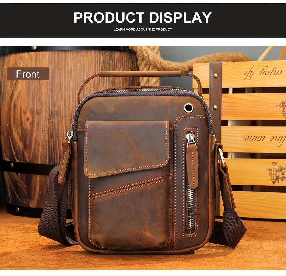 Crazy Horse Leather Shoulder Bag For Men, Fashionable Sling Bag For 7.9-in Tablet, Retro Crossbody Bag For Hanging Out & Daily Commute