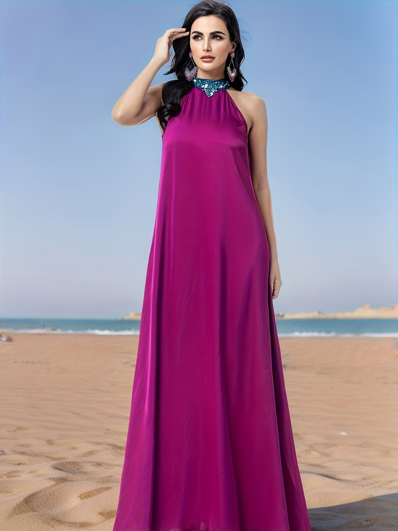 Elegant Purple Three-Piece Robe Set with Blue Sleeves and Sequined Collar, Featuring Modern Abaya Gown With Headscarf for an Air of Sophistication