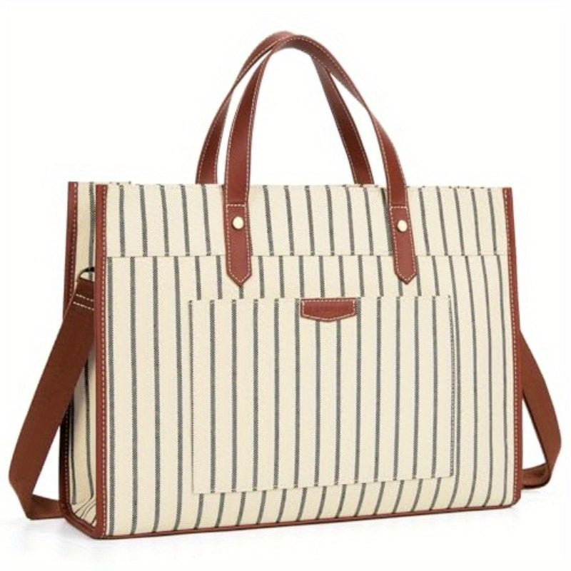 Leather Laptop Tote Bag, Canvas Laptop Bag 15.6 inch Work Shoulder Bags Casual Briefcase Handbag for Travel Office College Stripe