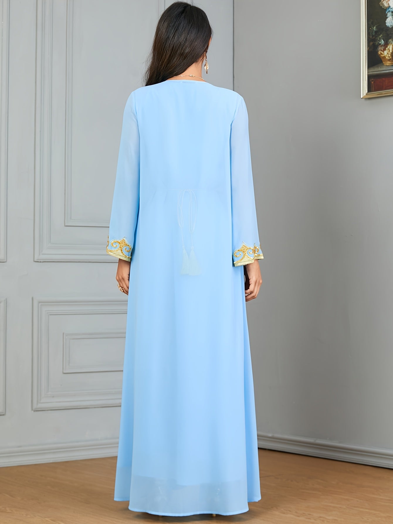 New Middle Eastern Emirati Abaya Dress + Cardigan Lace Embroidery Long Sleeve Two-Piece Robe Dress