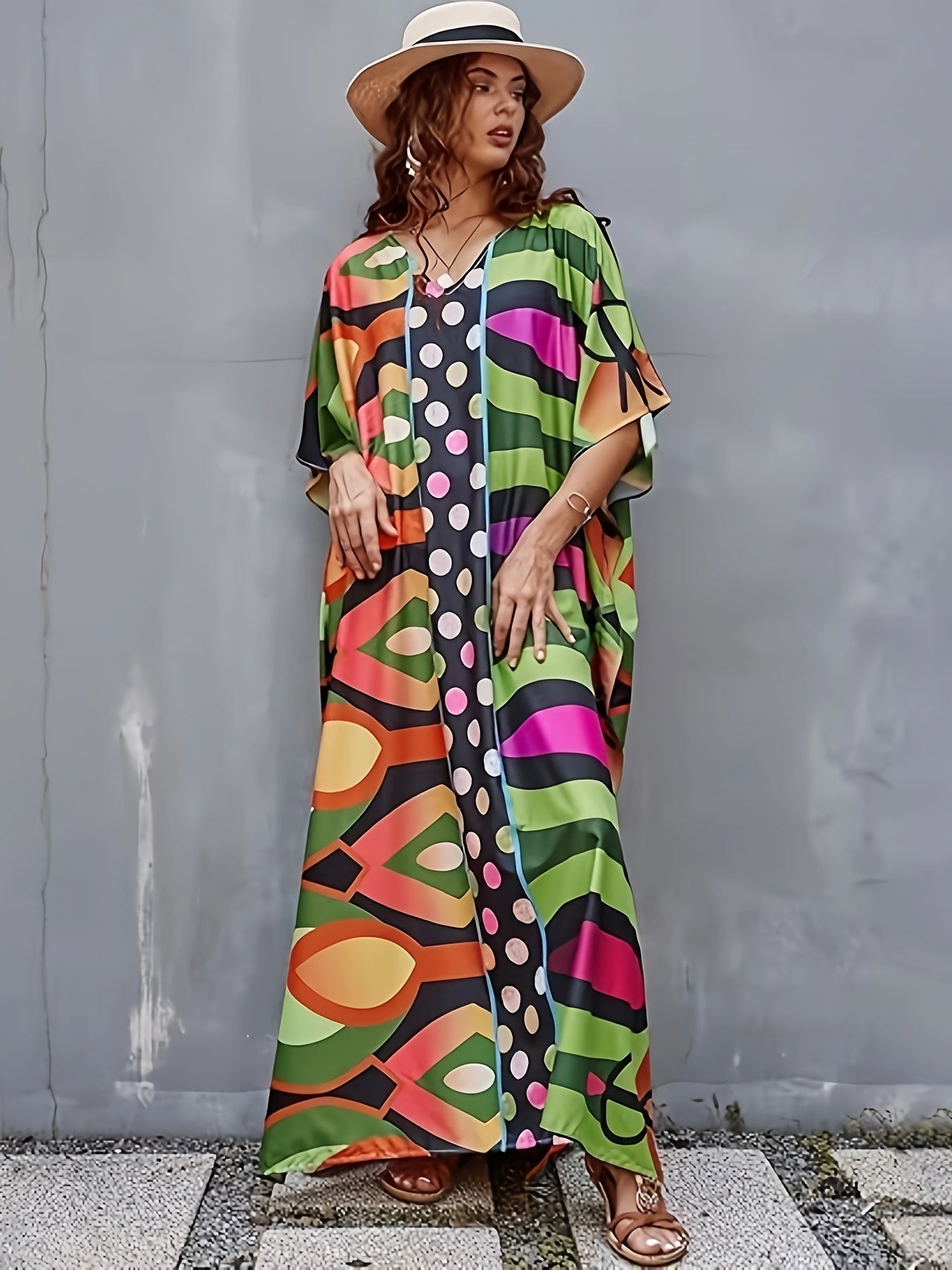 Kaftan Dresses for Women, V-Neck Print Beach Kaftan Swimsuit Cover Ups with Bow-Knot