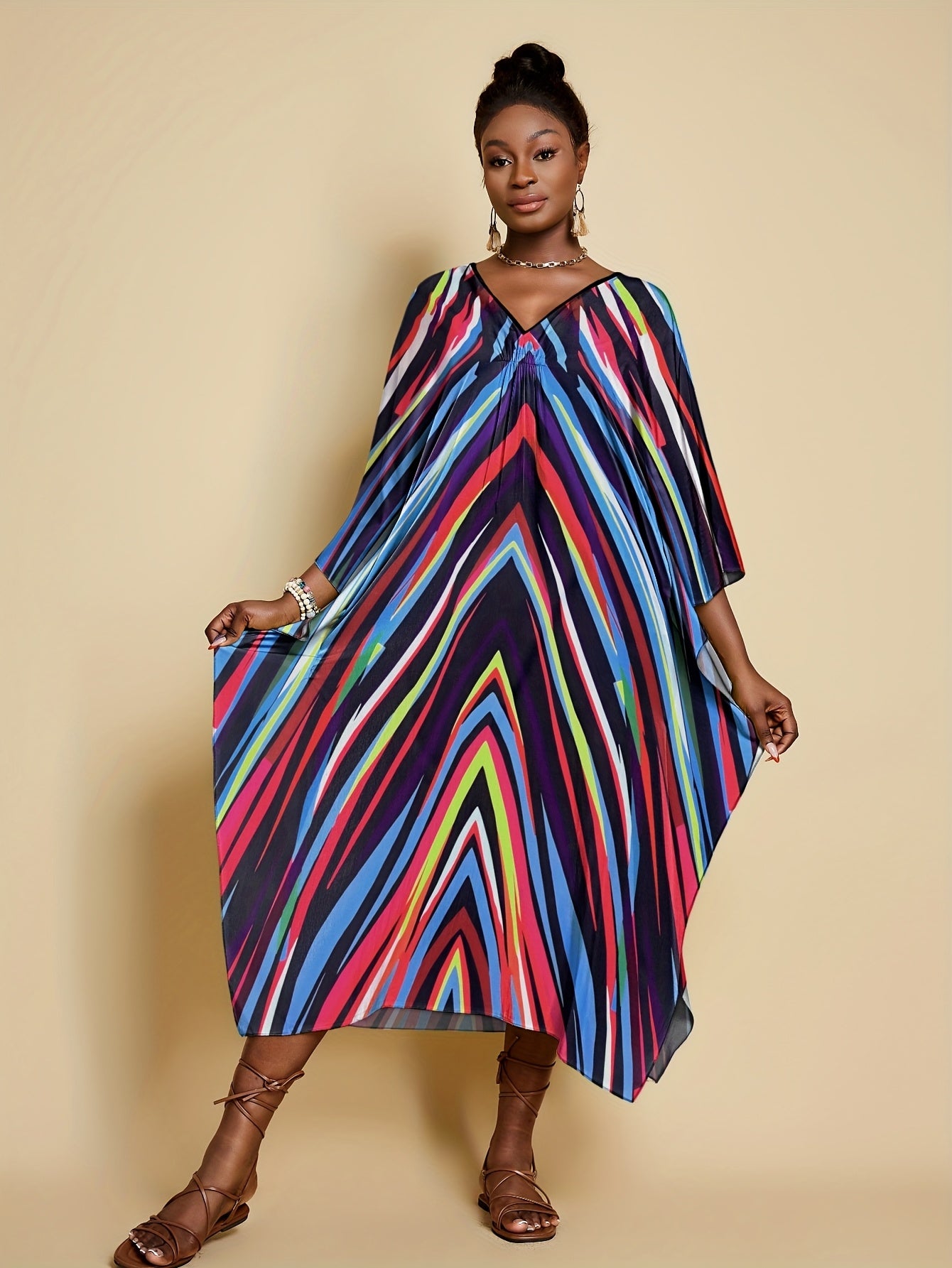 Women's Plus Size Rainbow Striped Batwing Sleeve Kaftan Dress – Fabulive