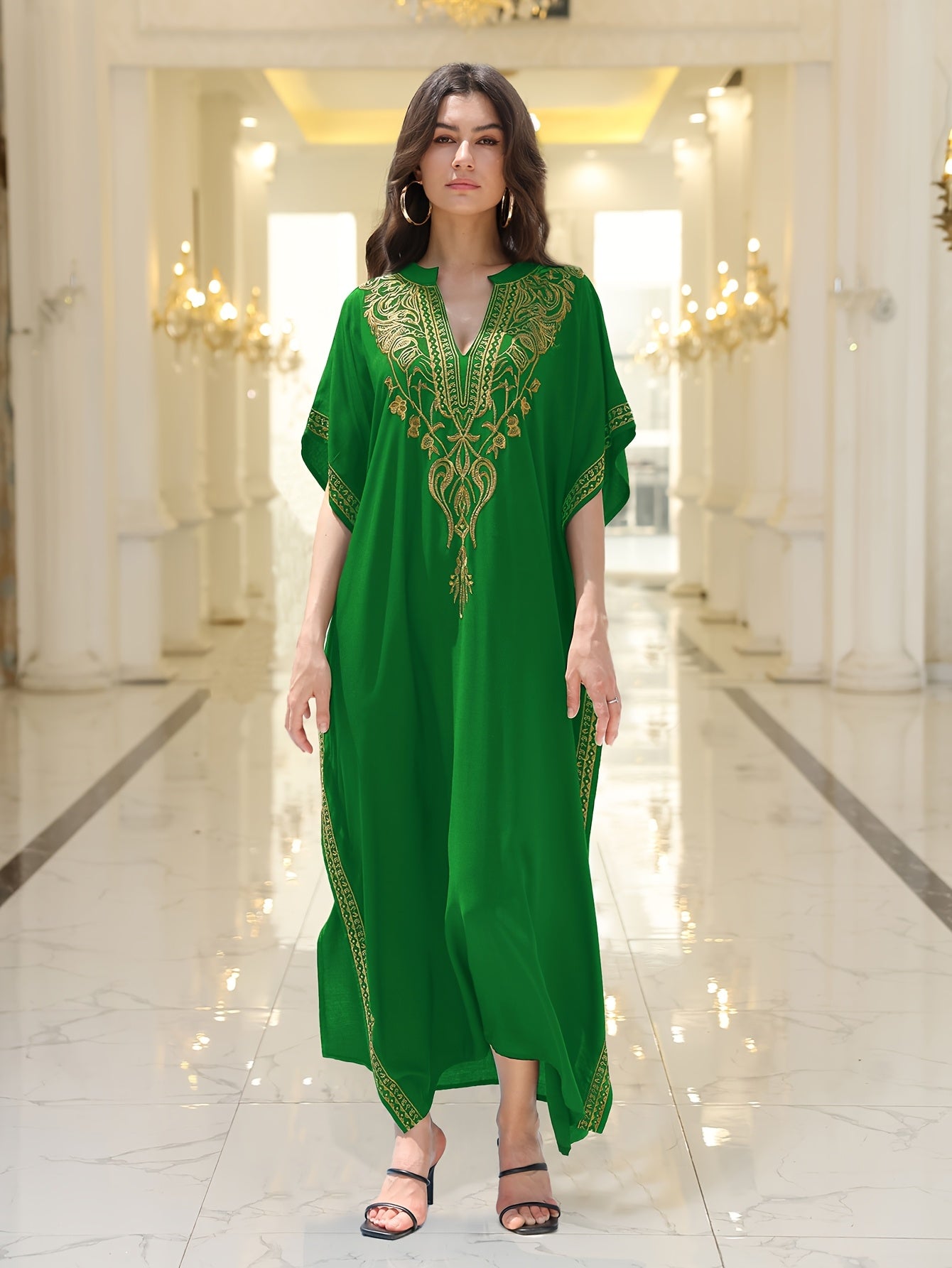 Long Robe Golden Embroidered Vacation Robe Kaftan Dress V-neck Beach Cover  Plus Size Shirt Kaftan