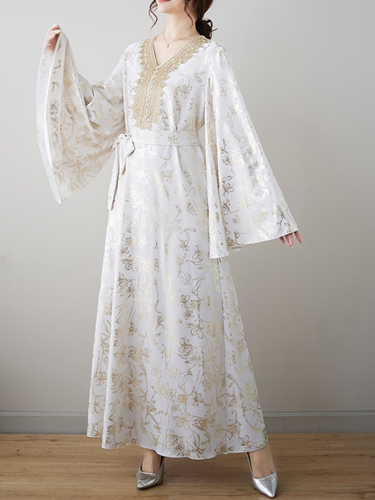 Ethnic Style Trumpet Sleeve Women's Robe V-neck Gold-stamped Embroidered Lace-up Women's Baju Abaya With Belt