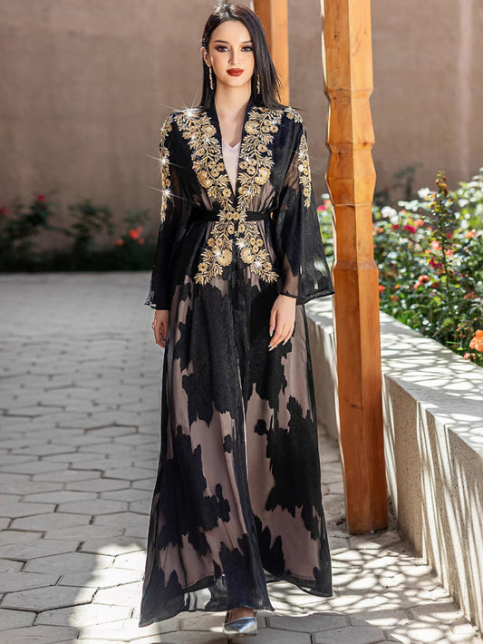 Two-Piece Black and Golden Embroidered Abaya with Belt - Elegant Long Sleeve, Flowing Ethnic Style, Non-Stretch Fabric, Perfect for Spring/Summer, Cultural Attire|Elegant Abaya|Satin Finish