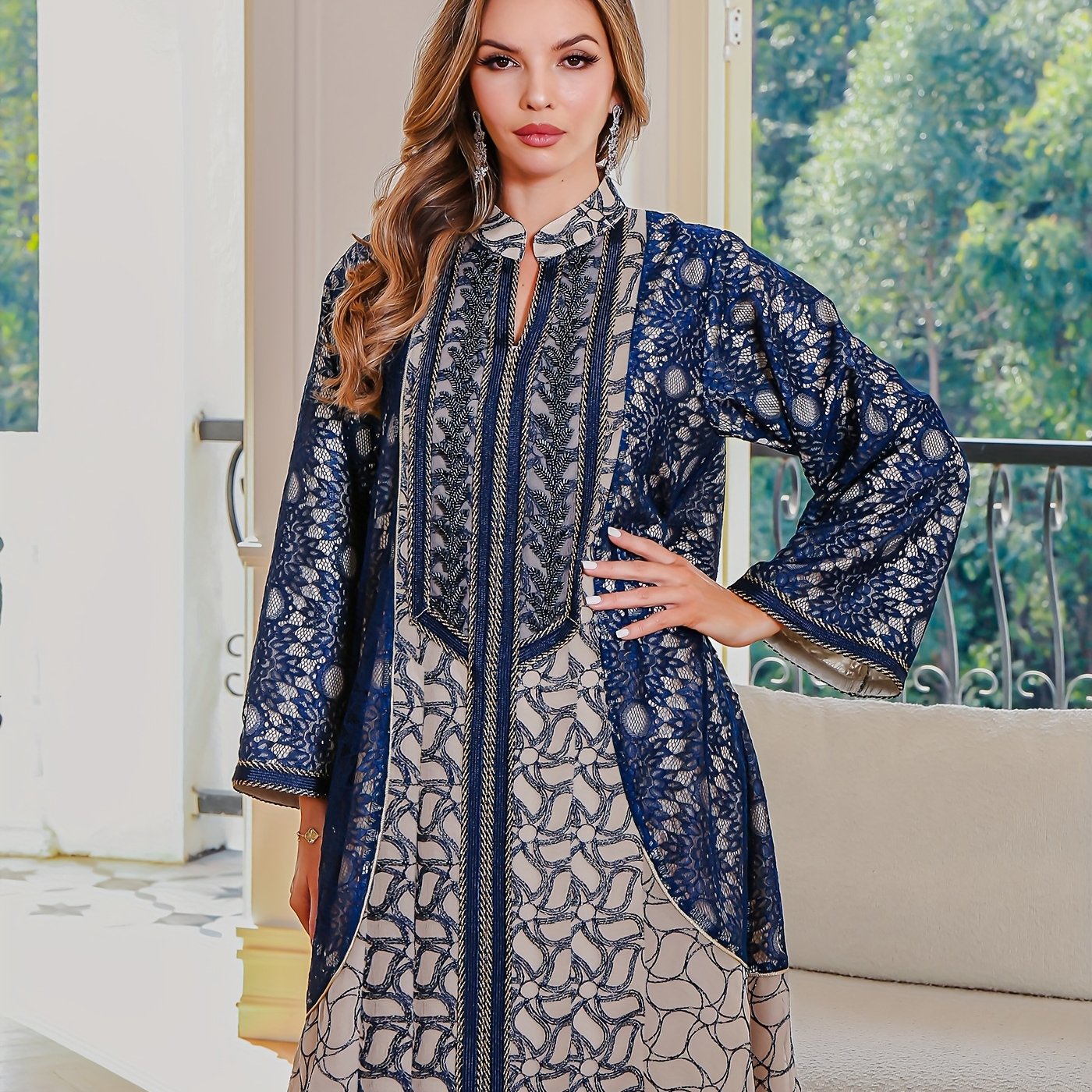 Polyester Abaya Long Dress | Geometric Pattern and Contrast Lace, Non-Stretch, Regular Sleeve, Modern Long Sleeve, All Seasons, Loose Fit, Woven Fabric, 200 g/m² Fabric Weight, 200 g/m²