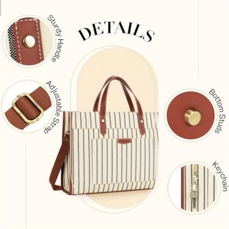 Leather Laptop Tote Bag, Canvas Laptop Bag 15.6 inch Work Shoulder Bags Casual Briefcase Handbag for Travel Office College Stripe