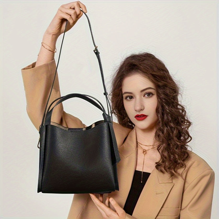 Real Leather Women's Crossbody Handbag, Medium-sized Bag, First Layer Cowhide Large Capacity Bucket Bag, High-quality Crossbody Bag, Fashionable Ladies