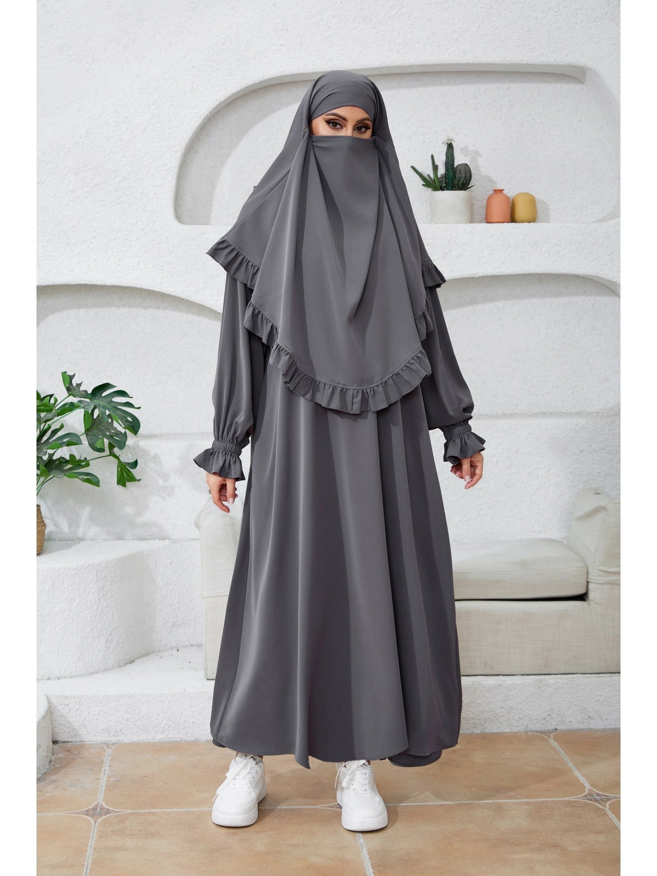 Polyester Women's Elegant Long Robe & Khimar Abaya Set | Turkish Dubai Style Hijab, Loose Fit, No Belt, Perfect for Spring/Summer, Middle Eastern Fashion, Long Sleeve