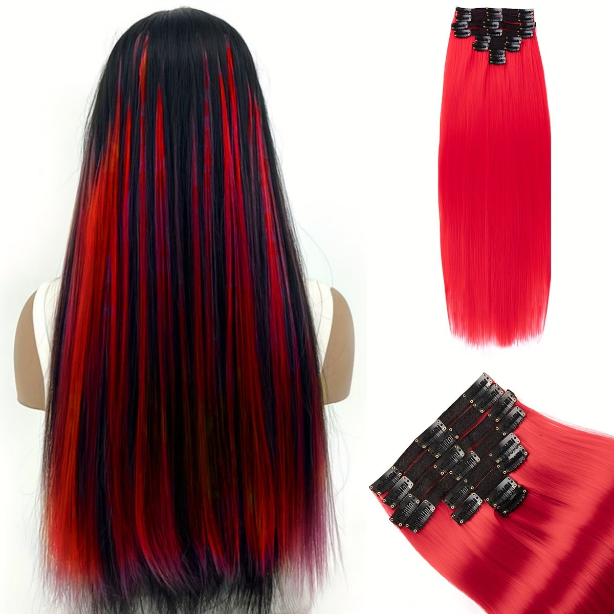 Synthetic Women's Hair Clipper 20 Inch 18 Clips/Set Long Straight Clip-in Hair Extension, Green, Pink, Brown, Red, Sky Blue Color Hair Extension Synthetic Braided Clip-in Hair Extension, Suitable for Straight Hair, Heat-resis