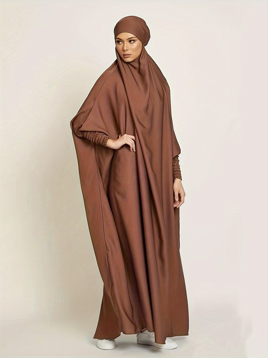 Long Sleeve Solid Color Jibab Abaya - Women's Traditional Arabian Polyester Robe with Tie Back, 95% Polyester 5% Elastane, 135g/m² - Muslim Nida Hijab Dress