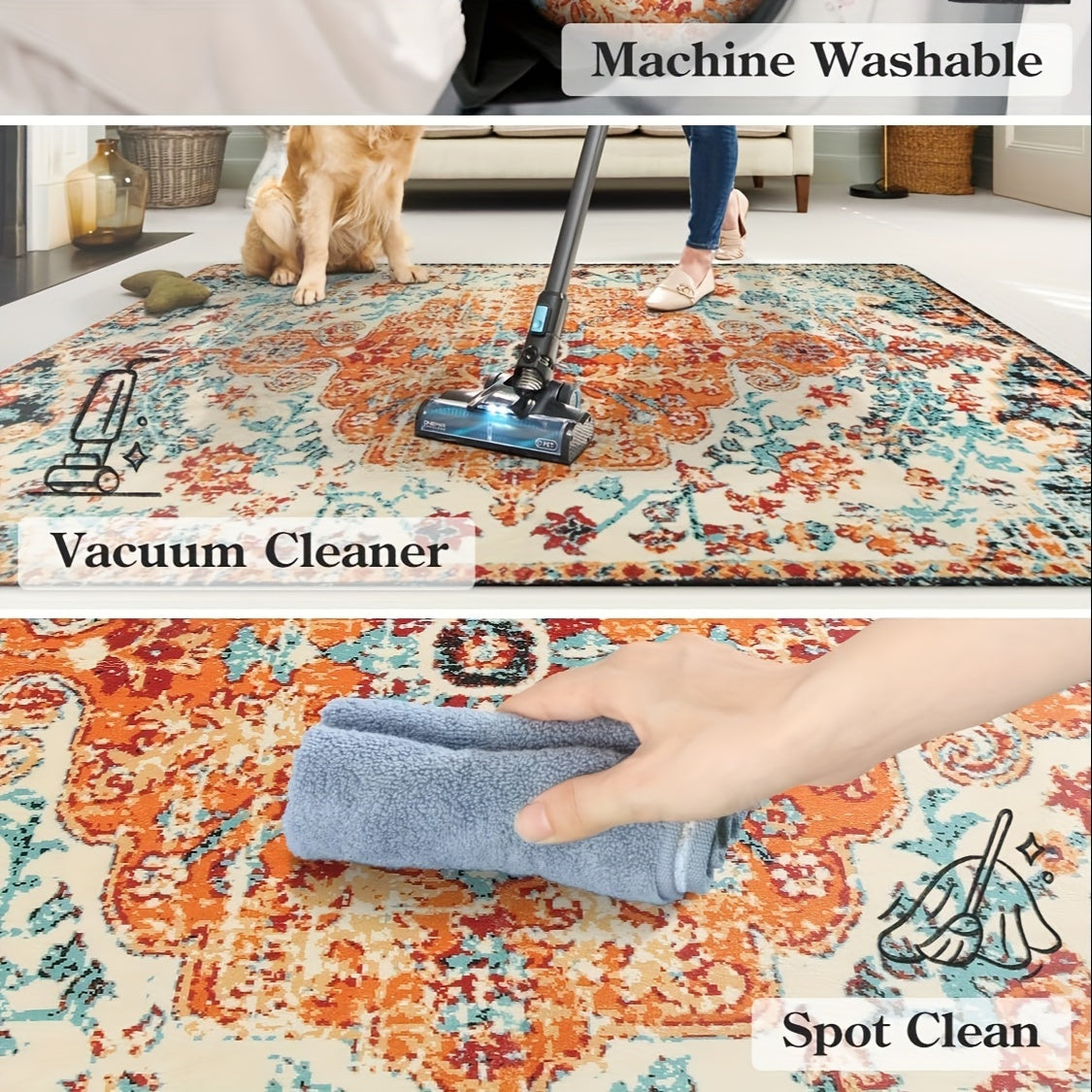 Bohemian Floral Medallion Area Rug - Oriental Distressed Bedroom Arabian Carpet Country Vintage Faux Wool Indoor Throw Mat Non-Slip Washable Low-Pile Carpet For Bathroom Living Kitchen Laundry Room