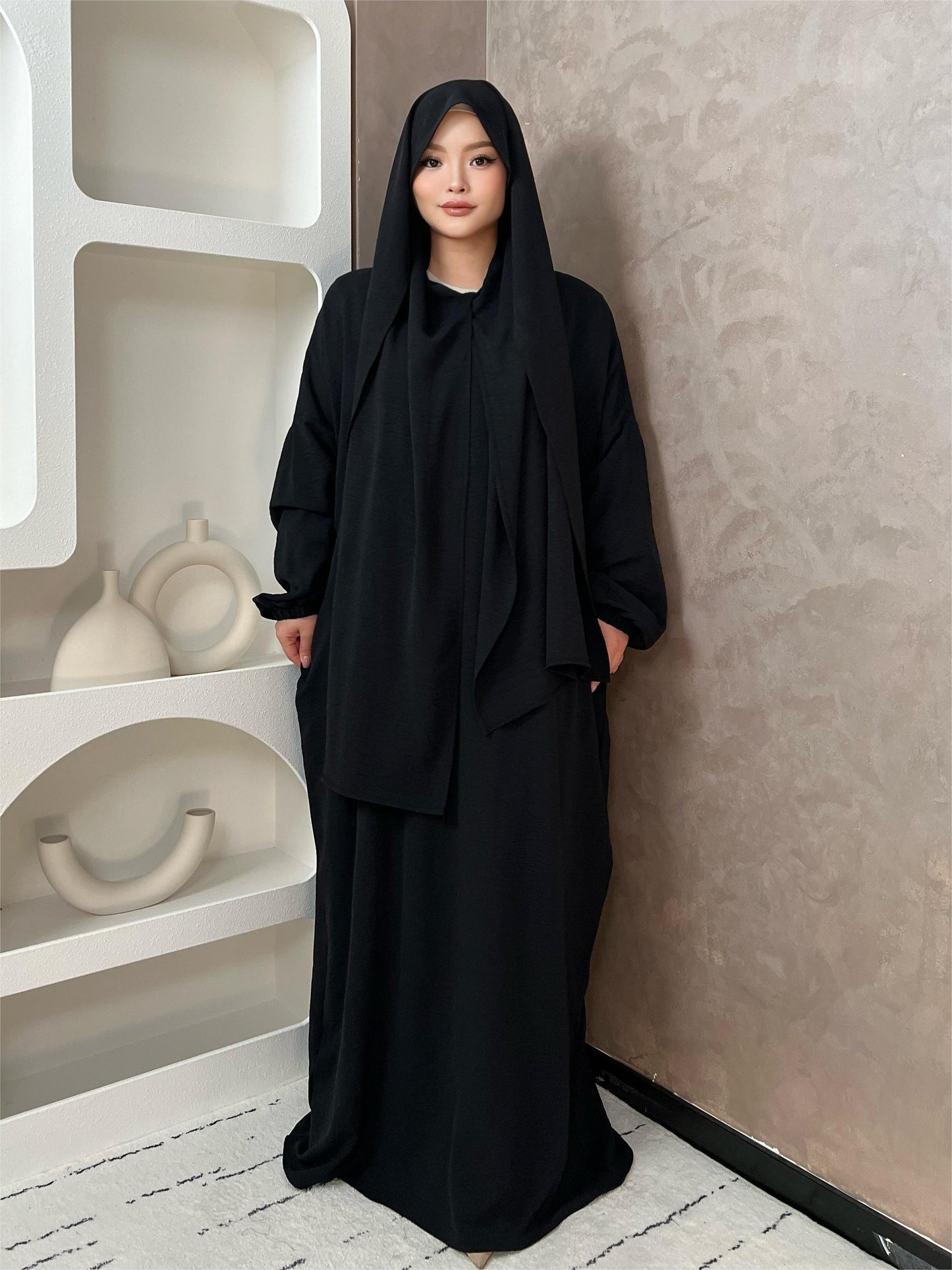 Elegant Crepe Hooded Jibab Abaya Hijab | Modest Long Sleeve Full Coverage Prayer Dress with Attached Scarf & Pockets, Machine Washable Medium Stretch Solid Color