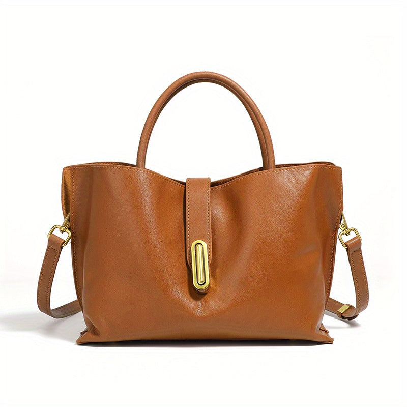 Genuine Leather Women's Crossbody Tote Bag - Vintage Style with Golden-Tone Buckle Closure