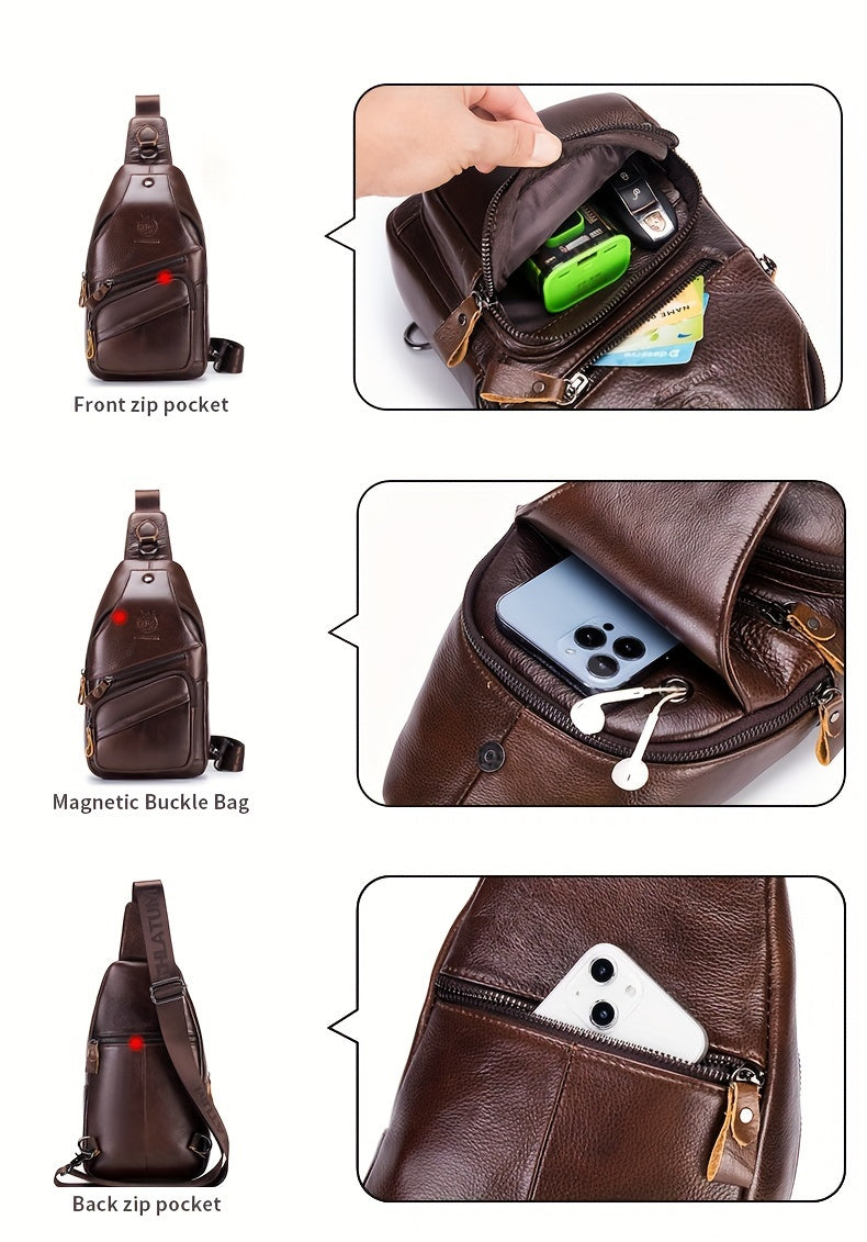 Men's Top Layer Cowhide Sling Bag, Genuine Leather Crossbody Bag, Retro Fashion Commuter Bag Multi-functional Travel Slant Shoulder Bag