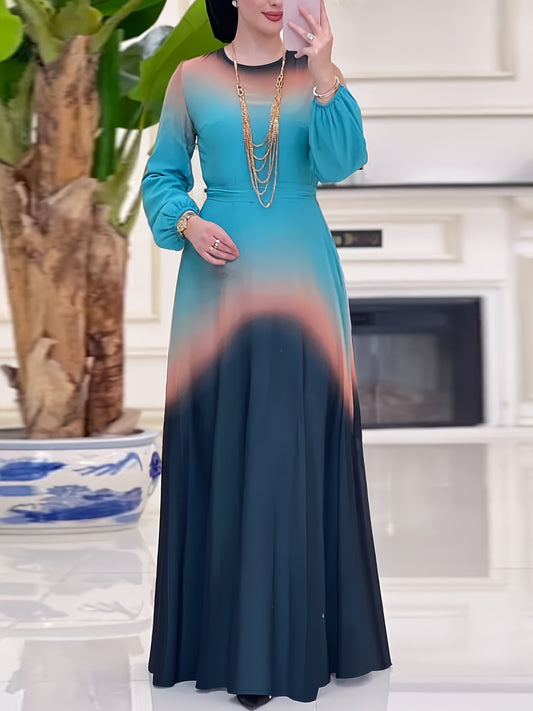 Women's Middle Eastern Muslim Baju Abaya Kaftan Dress - Teal to Orange Gradient Long Sleeve Long Dress, Machine Washable All-Season Modest Traditional Attire for Casual & Formal Occasions