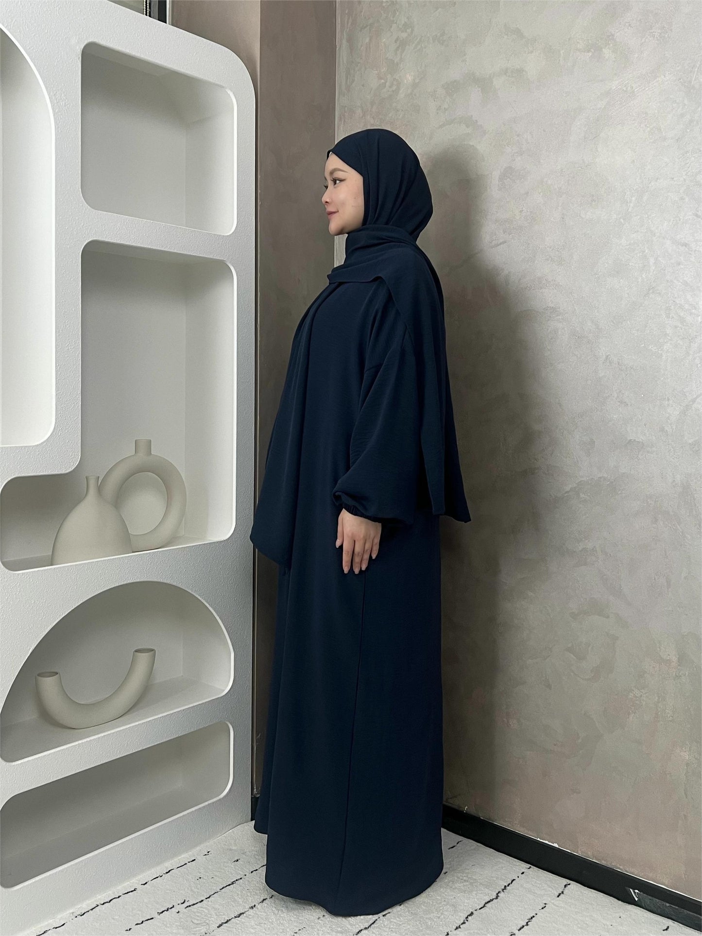 Elegant Crepe Hooded Jibab Abaya Hijab | Modest Long Sleeve Full Coverage Prayer Dress with Attached Scarf & Pockets, Machine Washable Medium Stretch Solid Color